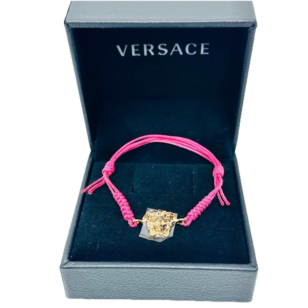 NIB Versace Medusa Head Gold Tone Pink Cord Adjustable Bracelet